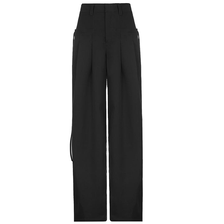 Damen nan hochtaillierte weite Bundfaltenhose mit Cargo‑Details, Gürtelschlaufen und geradem Beinschnitt Drune