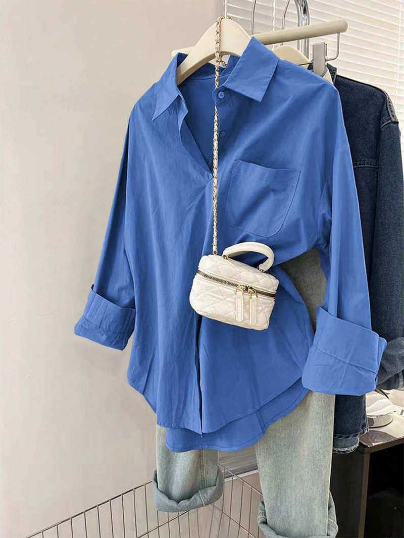 Damen nan oversized Hemdbluse mit Brusttasche, umgeschlagenen Ärmeln und relaxed Fit Drune