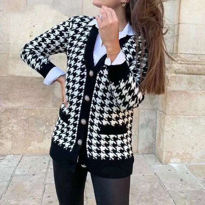 Damen modische Strickjacke mit klassischem Hahnentrittmuster und Knopfdetails Drune