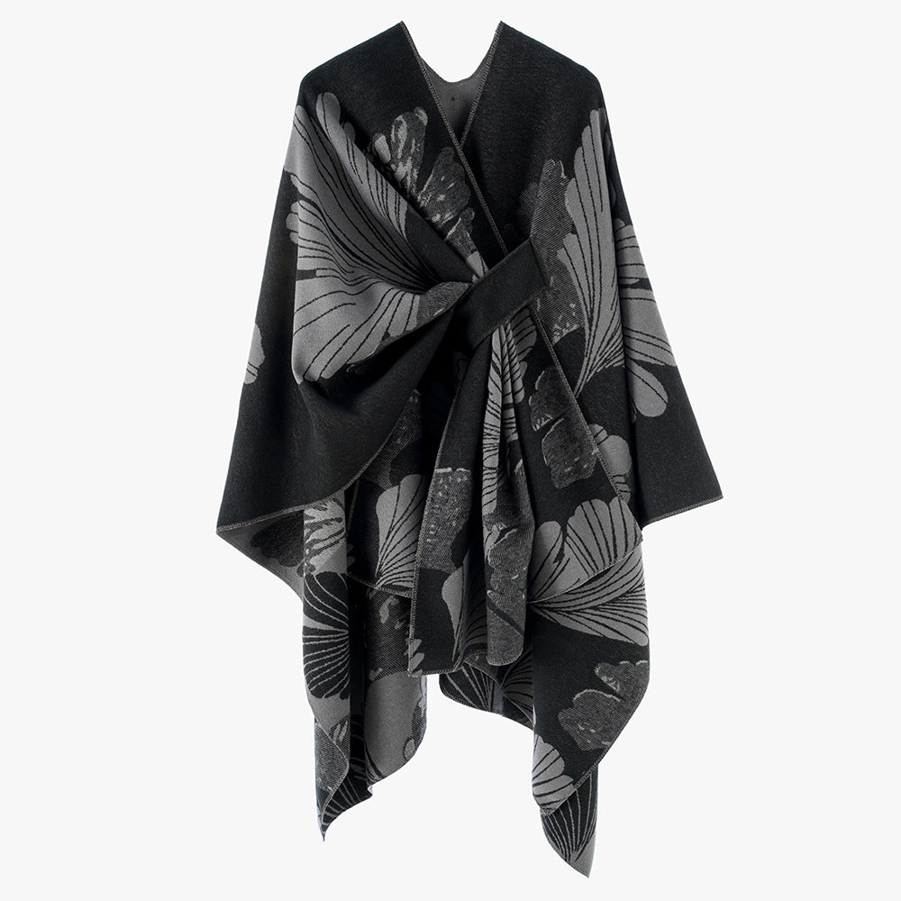Damen Oversize-Jacquard-Cape aus Wollmix mit floralem Jacquard und Frontschlaufe Drune