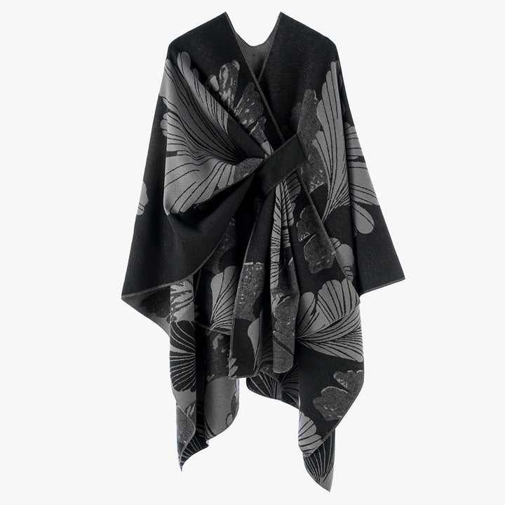 Damen Oversize-Jacquard-Cape aus Wollmix mit floralem Jacquard und Frontschlaufe Drune