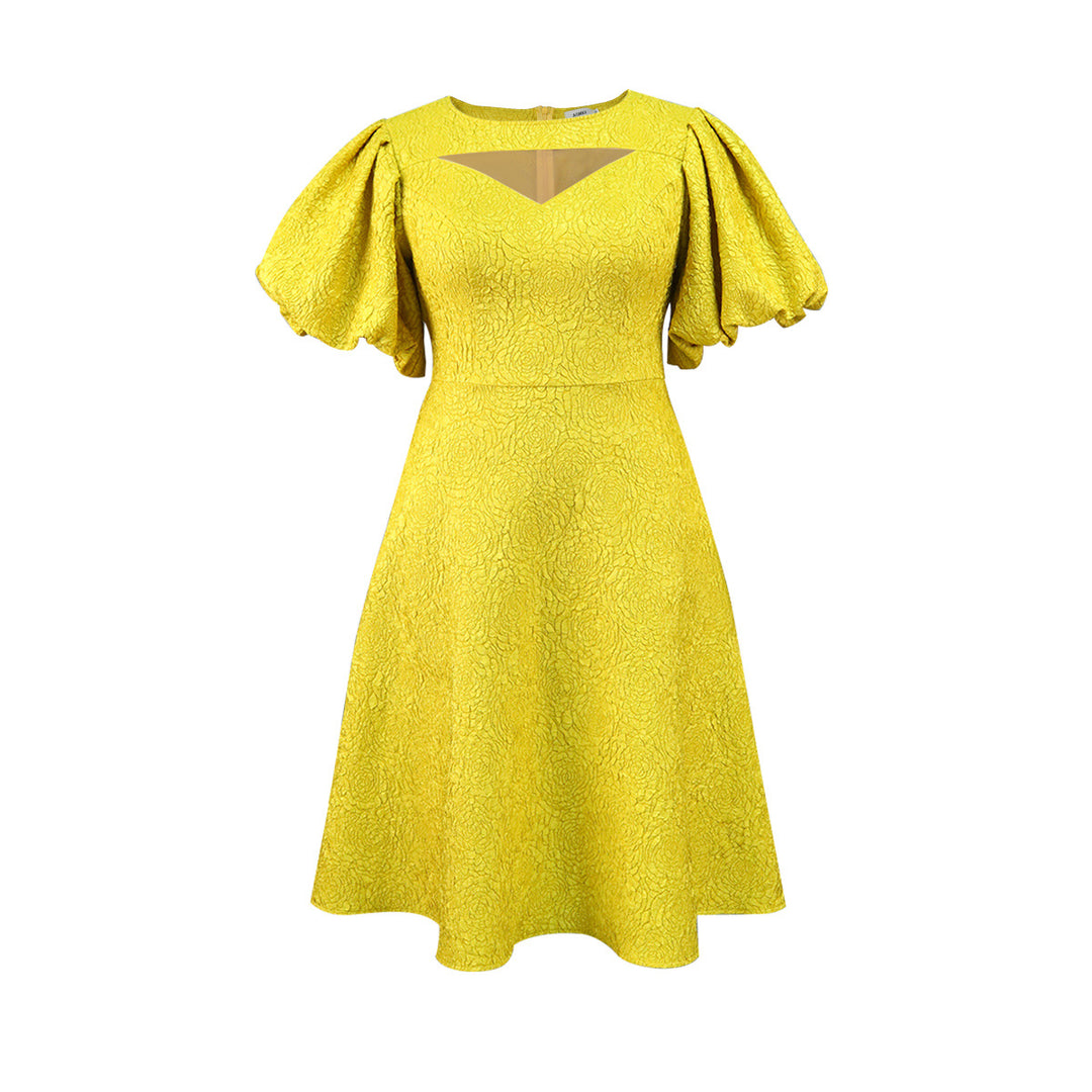 Damen Midi-Kleid mit voluminösen Puffärmeln und dekorativem Ausschnitt Drune