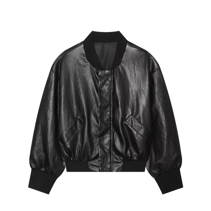 Damen Oversized Lederimitat-Bomberjacke mit Rippbündchen und aufgesetzten Taschen Drune