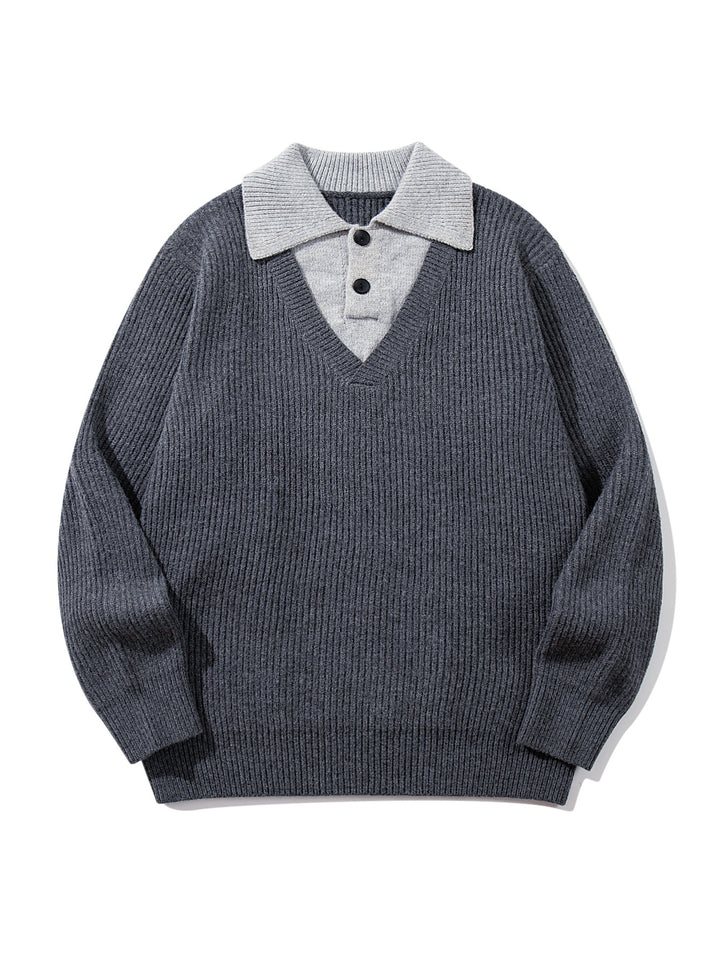 Herren Gerippter Strickpullover mit Polokragen‑Einsatz und tiefem V‑Ausschnitt Drune