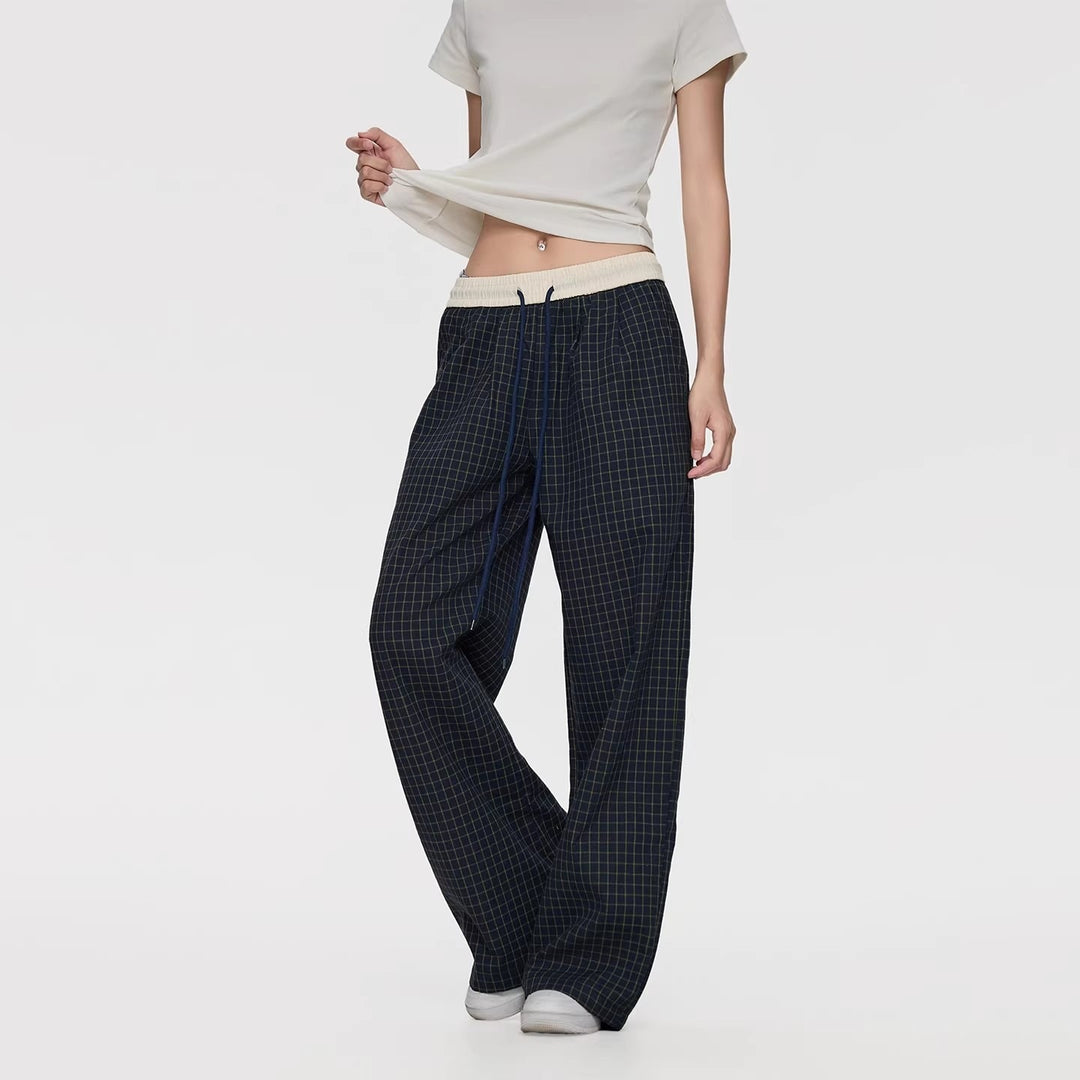 Damen Weite Relaxed-Loungehose mit Tunnelzugbund, Karo-Check & Eingrifftaschen Drune