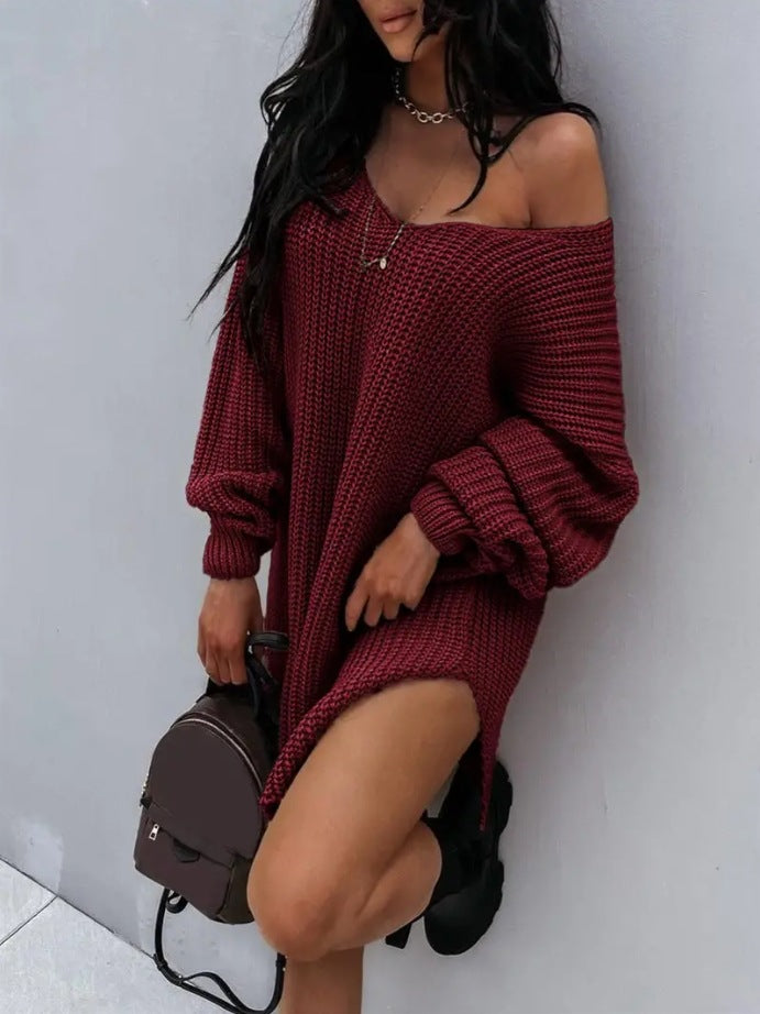 Damen Grobstrick Pullover mit V-Ausschnitt und weitem Schnitt Drune