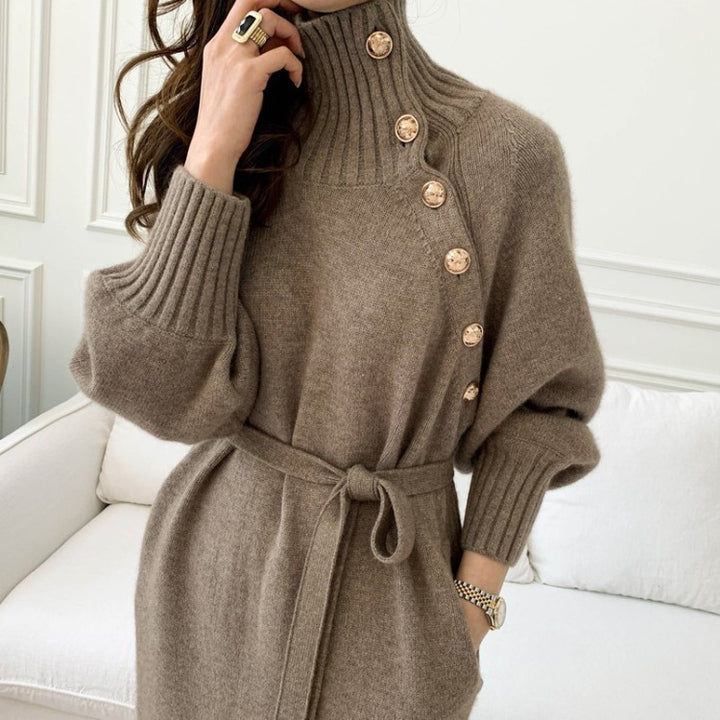 Damen elegantes Strickkleid mit modischem Rollkragen und detailreicher Knopfverschluss Drune