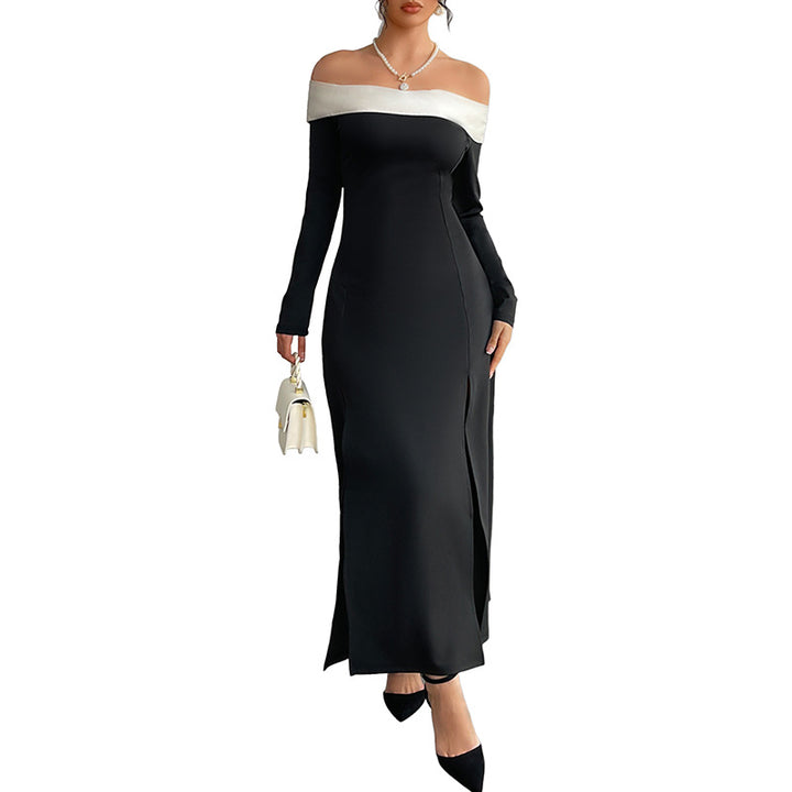 Damen Schulterfreies Maxikleid mit langen Ärmeln, hohen Seitenschlitzen und Umschlagkragen Drune