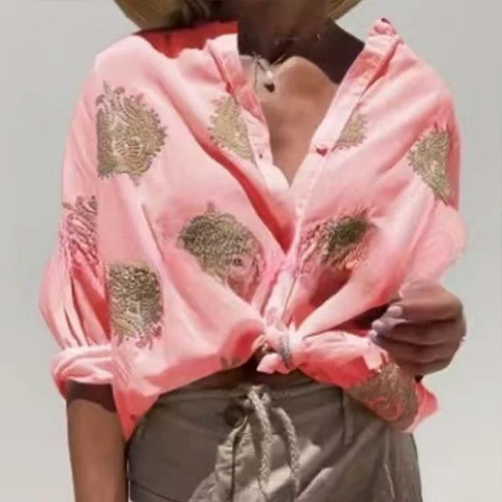 Damen Boho Leinen Bluse mit Perlenstickerei und Knotenband Drune