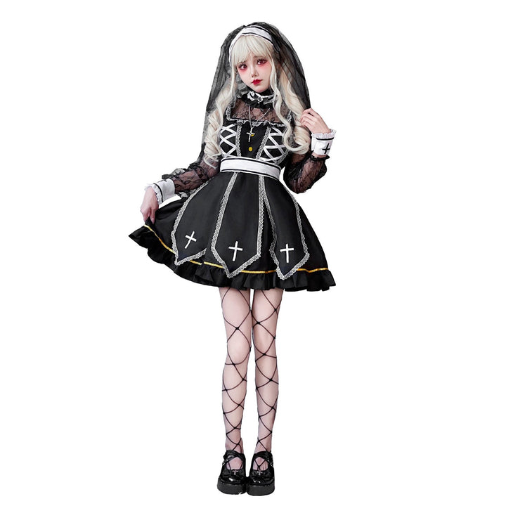 Damen Gothic Brautkostüm mit Spitzenärmeln und aufwendigen Rüschen Drune