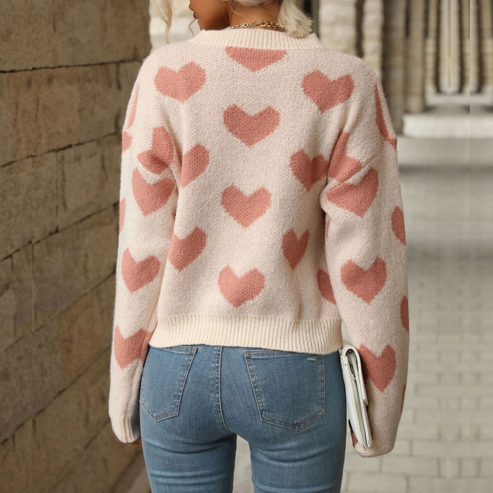 Damen Pullover mit Herz-Allover‑Muster, Rundhalsausschnitt und Relaxed‑Fit Drune
