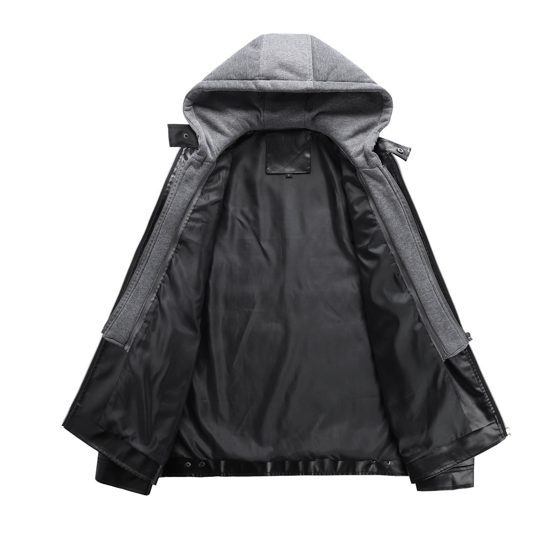 Herren modische Kunstlederjacke mit abnehmbarer Kapuze Drune