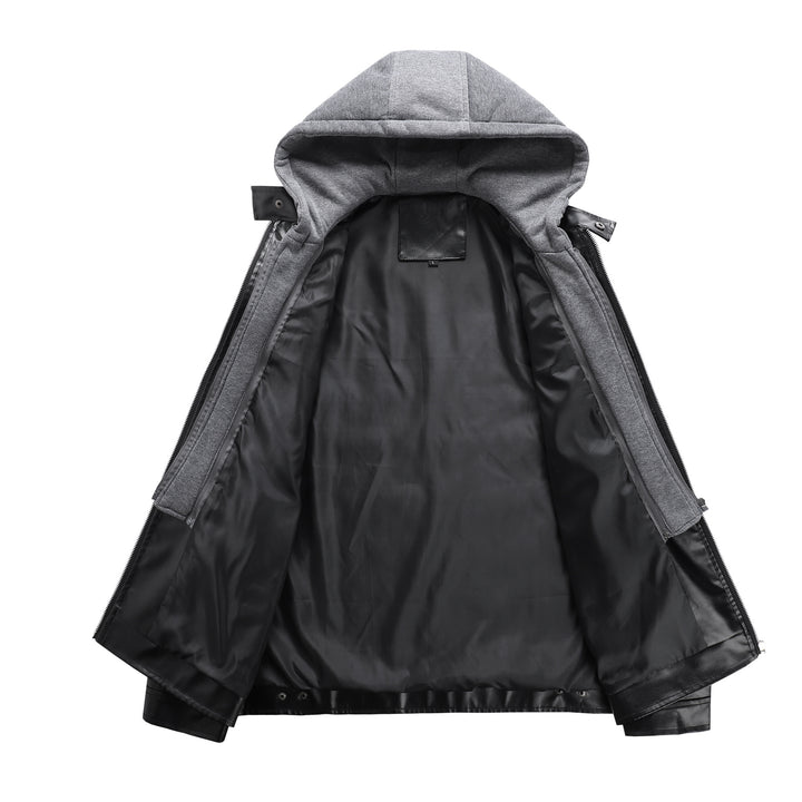Herren modische Kunstlederjacke mit abnehmbarer Kapuze Drune