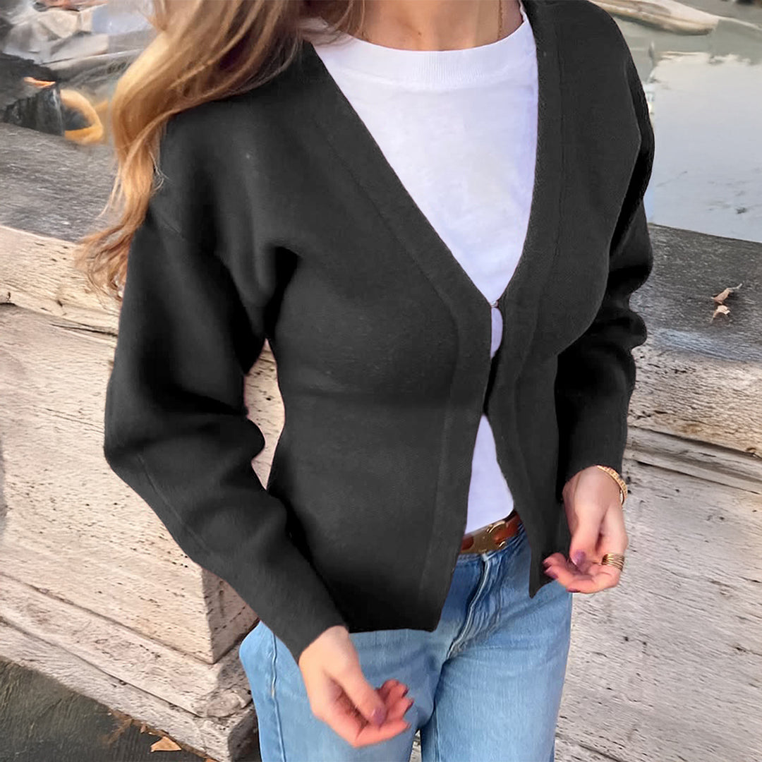 Damen nan taillierte Strickjacke mit V-Ausschnitt, Puffärmeln und seitlichen Schlitzen Drune