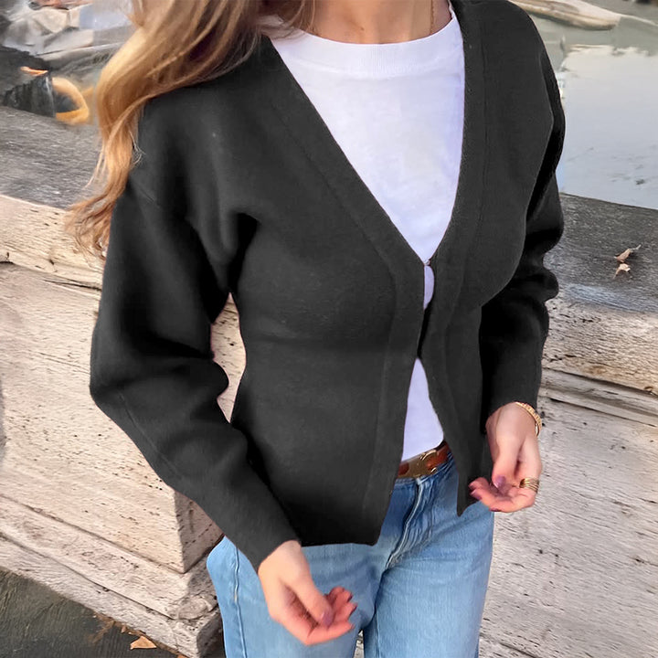 Damen nan taillierte Strickjacke mit V-Ausschnitt, Puffärmeln und seitlichen Schlitzen Drune