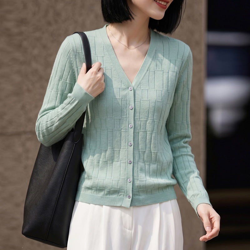 Damen V‑Ausschnitt-Feinstrickcardigan mit strukturierter Blockoptik und durchgehender Knopfleiste Drune