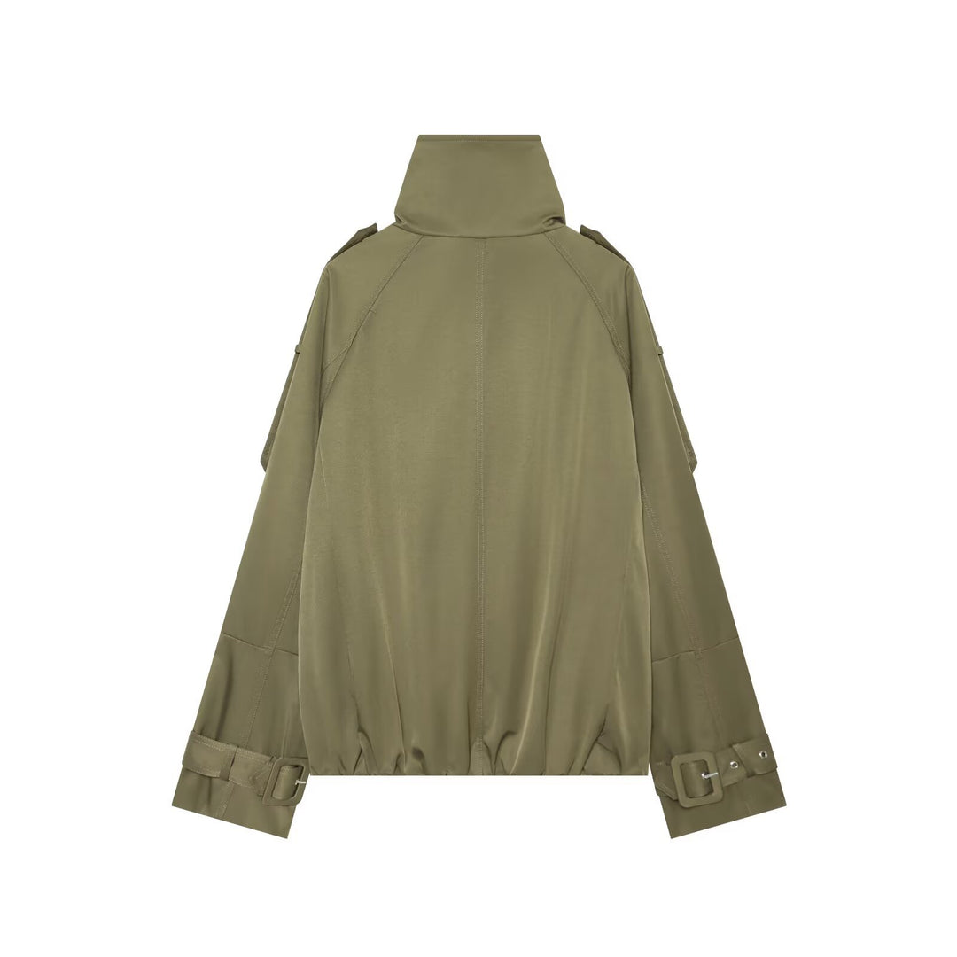 Damen Kurzes Doppelreiher‑Cape‑Trench mit hohem Funnelkragen und Ärmelriemen Drune