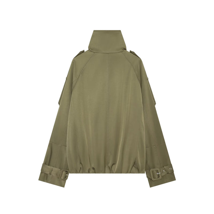 Damen Kurzes Doppelreiher‑Cape‑Trench mit hohem Funnelkragen und Ärmelriemen Drune