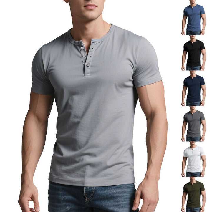 Herren nan kurzes Henley-Shirt mit dezenter Knopfleiste und figurbetontem Schnitt Drune