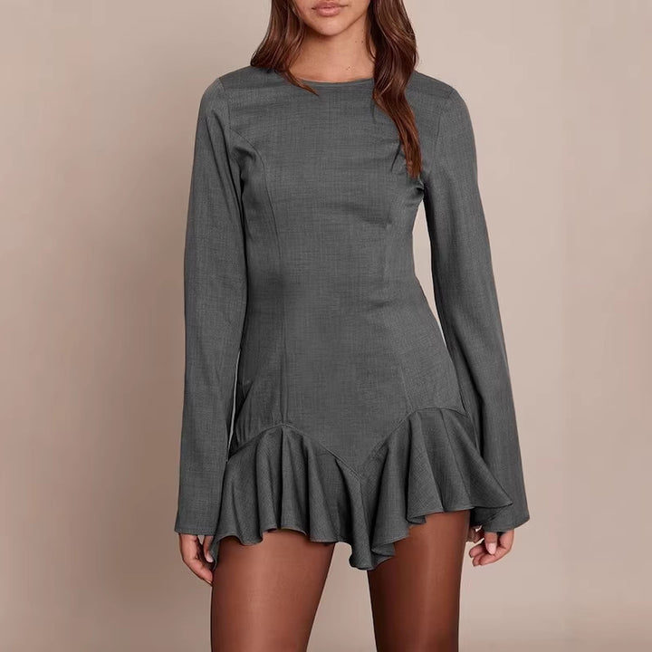 Damen Figurbetontes Langarm-Minikleid mit taillierten Nähten und Volant-Saum Drune