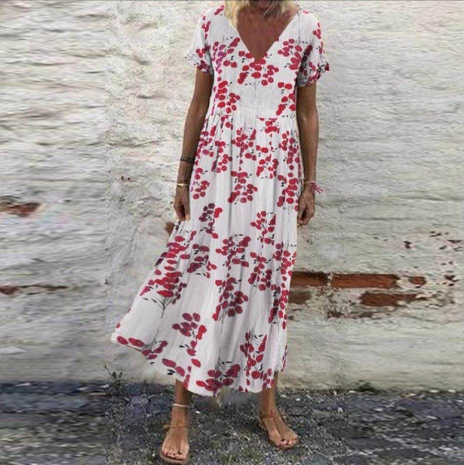 Damen nan V-Ausschnitt-Maxikleid mit feinem Faltenrock, Empire-Passe und Kurzarm Drune
