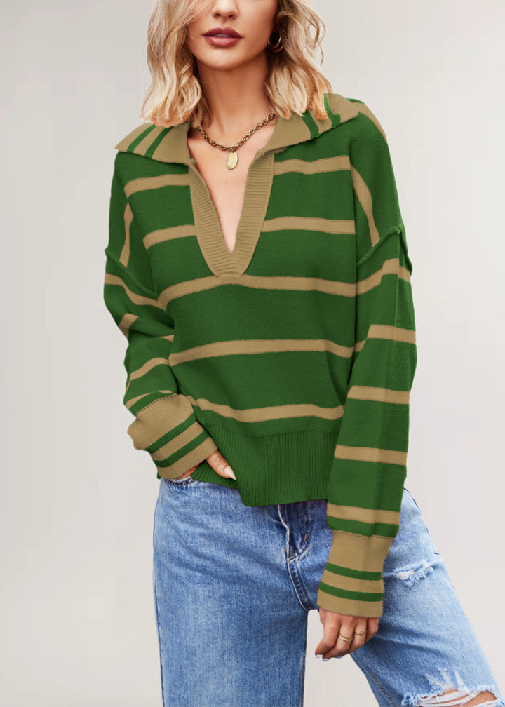 Damen lässiger Pullover mit V-Ausschnitt und gestreiftem Design Drune