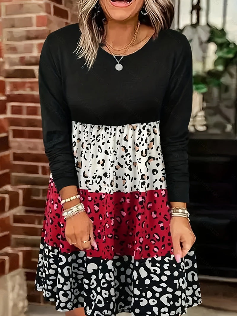 Damen nan langärmliges Stufenkleid mit geraffter Empire-Taille und gemischtem Animal-Print Drune