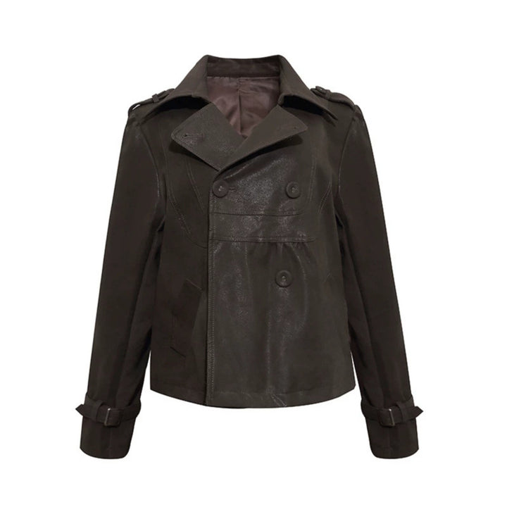 Damen Cropped Doppelreihige Lederjacke im Trenchstil mit Schulterklappen Drune