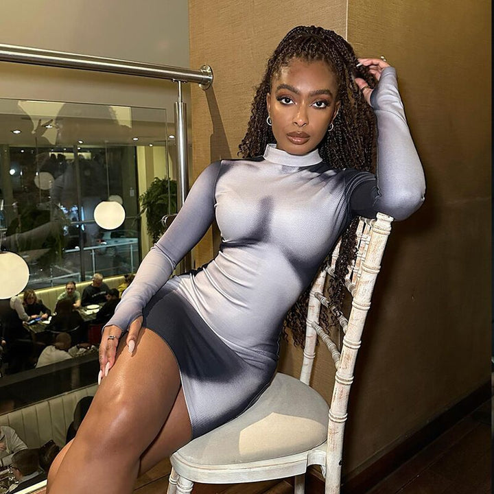Damen figurbetontes Langarmkleid mit Stehkragen Drune