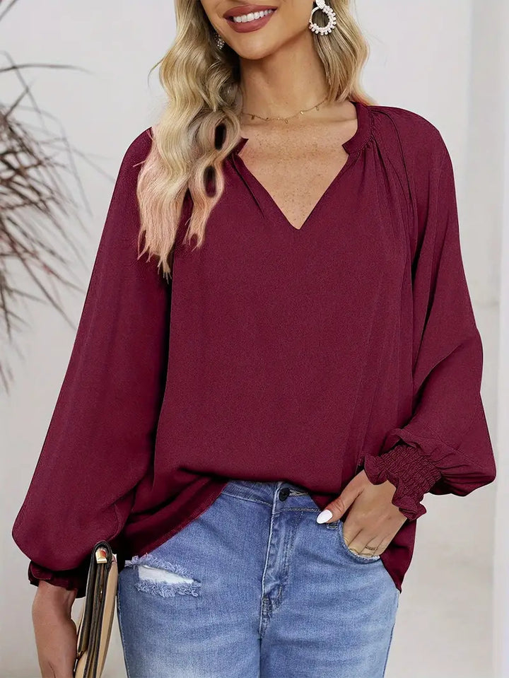 Damen Elegantes V-Ausschnitt Bluse mit Puffärmeln Drune