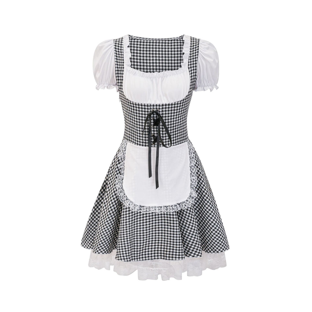 Damen nan Trachtenkleid im Vichy-Stil mit Puffärmeln, Schnürkorsett und Spitzenschürze Drune