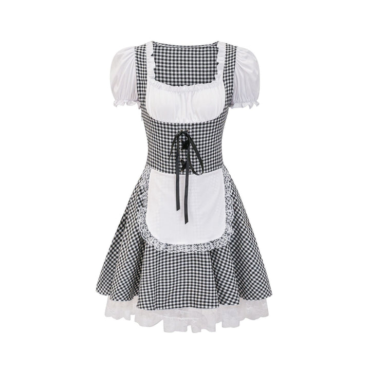 Damen nan Trachtenkleid im Vichy-Stil mit Puffärmeln, Schnürkorsett und Spitzenschürze Drune