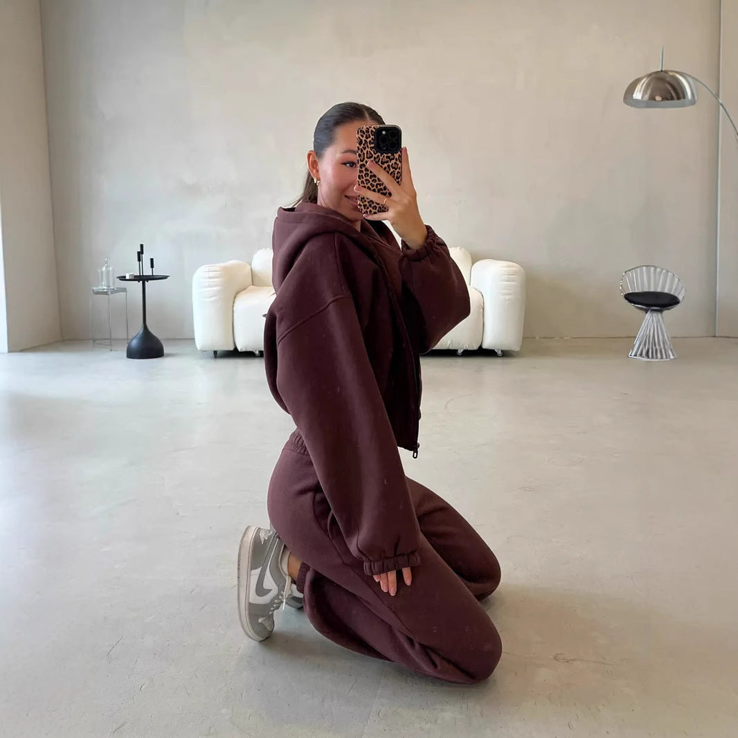 Damen Lounge-Set Cropped-Zip-Hoodie mit Oversize-Ärmeln und High-Waist Palazzo-Jogger Drune