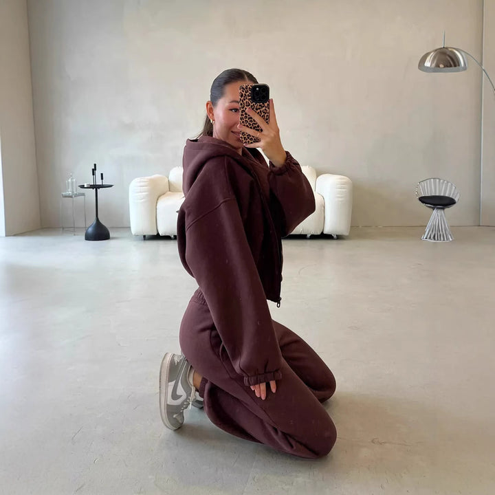 Damen Lounge-Set Cropped-Zip-Hoodie mit Oversize-Ärmeln und High-Waist Palazzo-Jogger Drune
