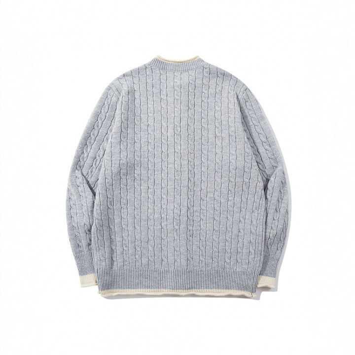 Unisex Feinstrick-Cardigan mit Zopfmuster, Rundhalsausschnitt und Kontrastblende Drune