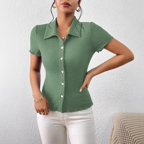 Damen Kurzarmbluse mit strukturiertem Design und herzförmigen Knöpfen Drune