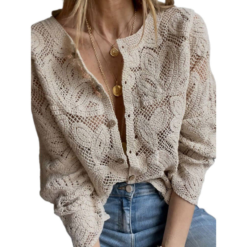 Damen Häkel-Cardigan mit Blumen‑Ajourmuster, Knopfleiste & gewelltem Saum Drune