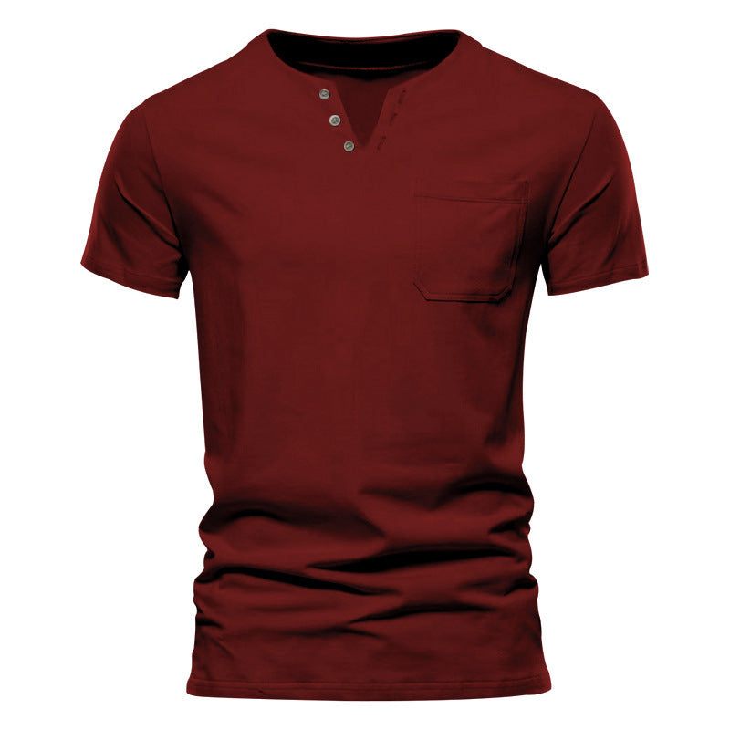 Herren nan tailliertes Kurzarm-Henleyshirt mit Brusttasche und asymmetrischer Knopfleiste Drune