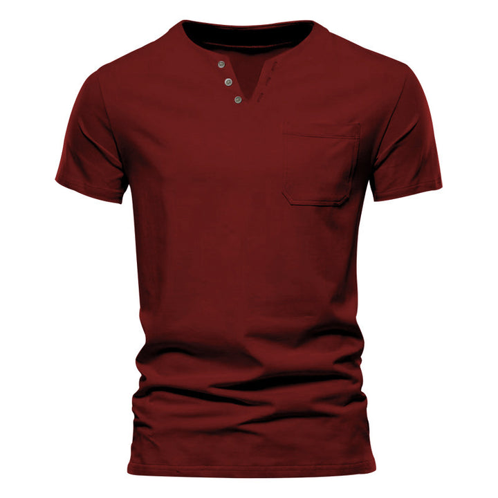 Herren nan tailliertes Kurzarm-Henleyshirt mit Brusttasche und asymmetrischer Knopfleiste Drune
