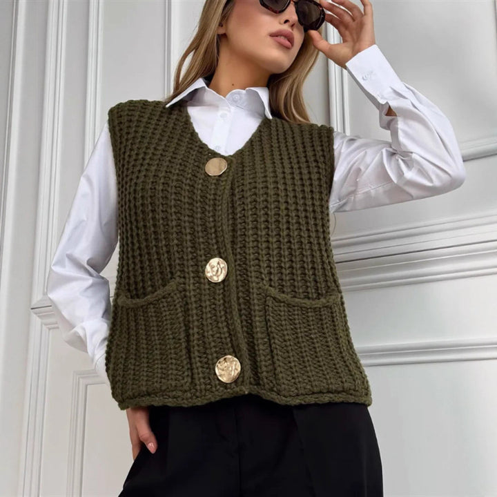 Damen Grobgestrickte Cropped Weste mit V-Ausschnitt und goldenen Zierknöpfen Drune