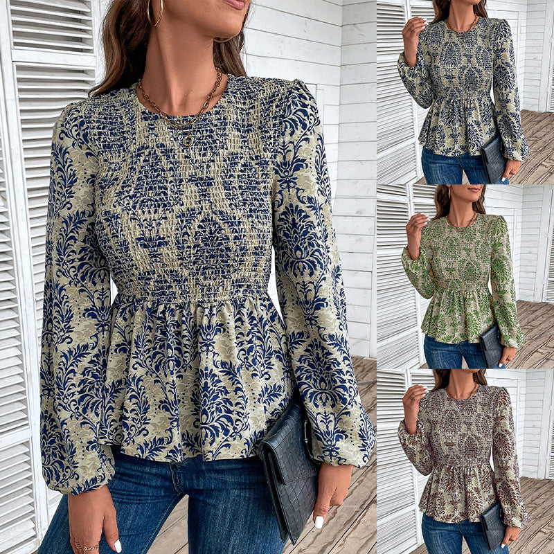 Damen Smock-Bluse mit Raffung, Ballonärmeln und Ornament-Print Drune