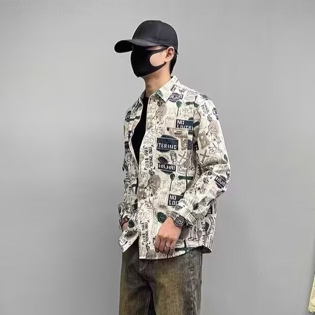 Herren Lockeres Hemdjacke mit Allover-Grafikprint und Brusttaschen Drune