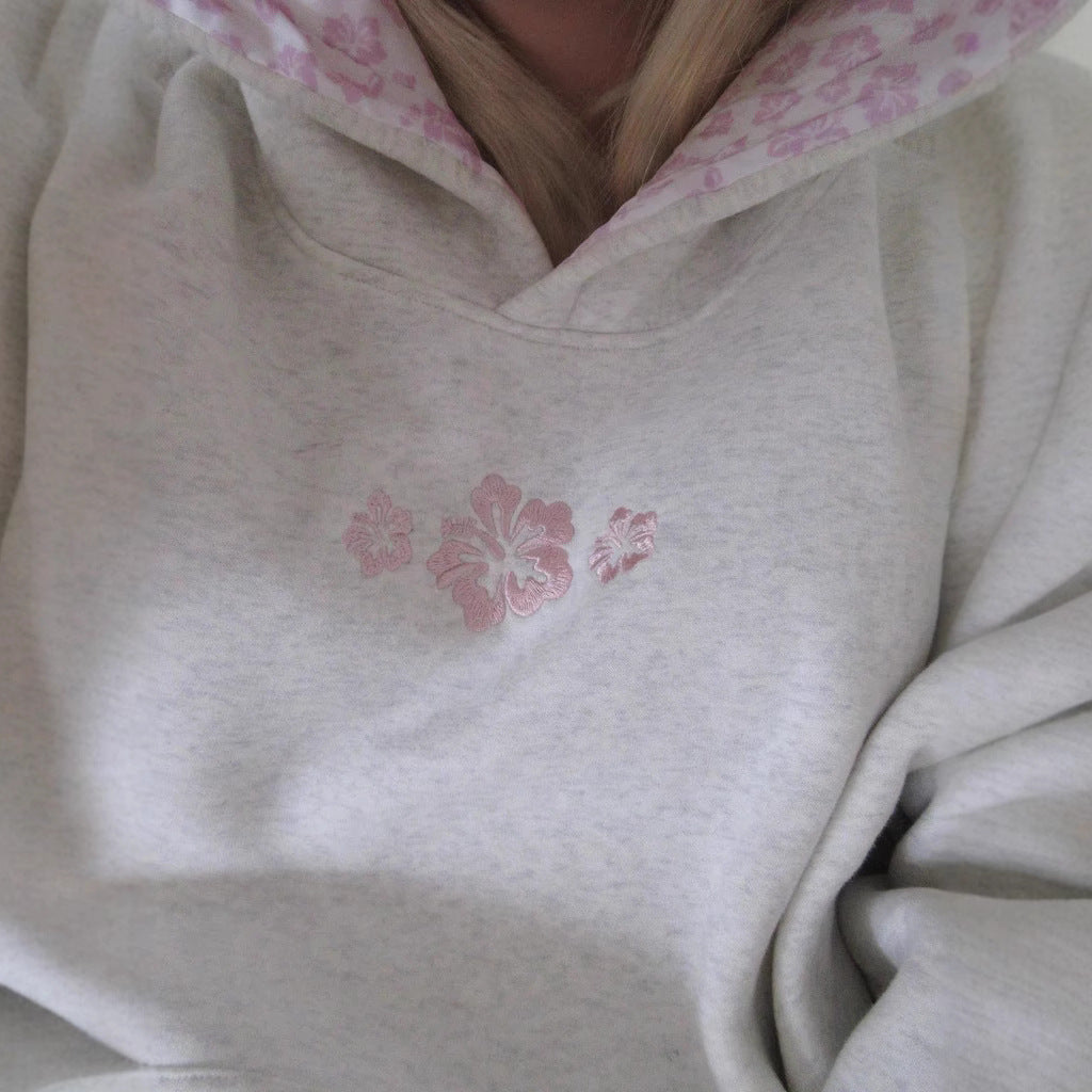 Damen Kapuzenpullover mit floralem Stickereien und bedrucktem Kapuzenfutter Drune