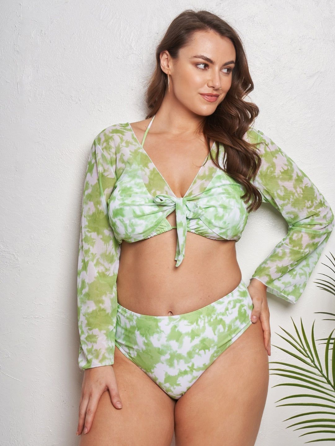 Damen Crop Top Bikini-Set mit langärmligem Oberteil und hochgeschnittenem Höschen Drune