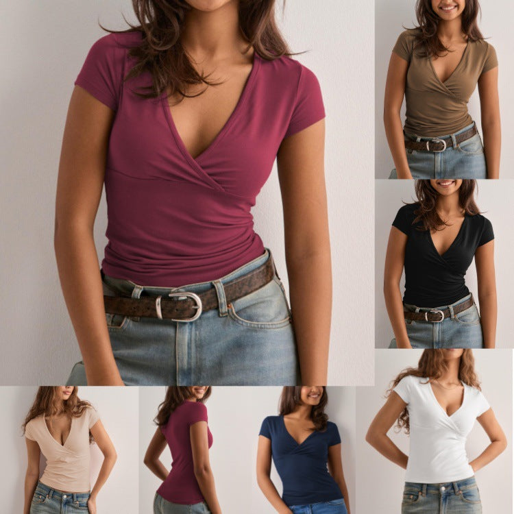 Damen figurbetontes T-Shirt mit elegantem V-Ausschnitt Drune