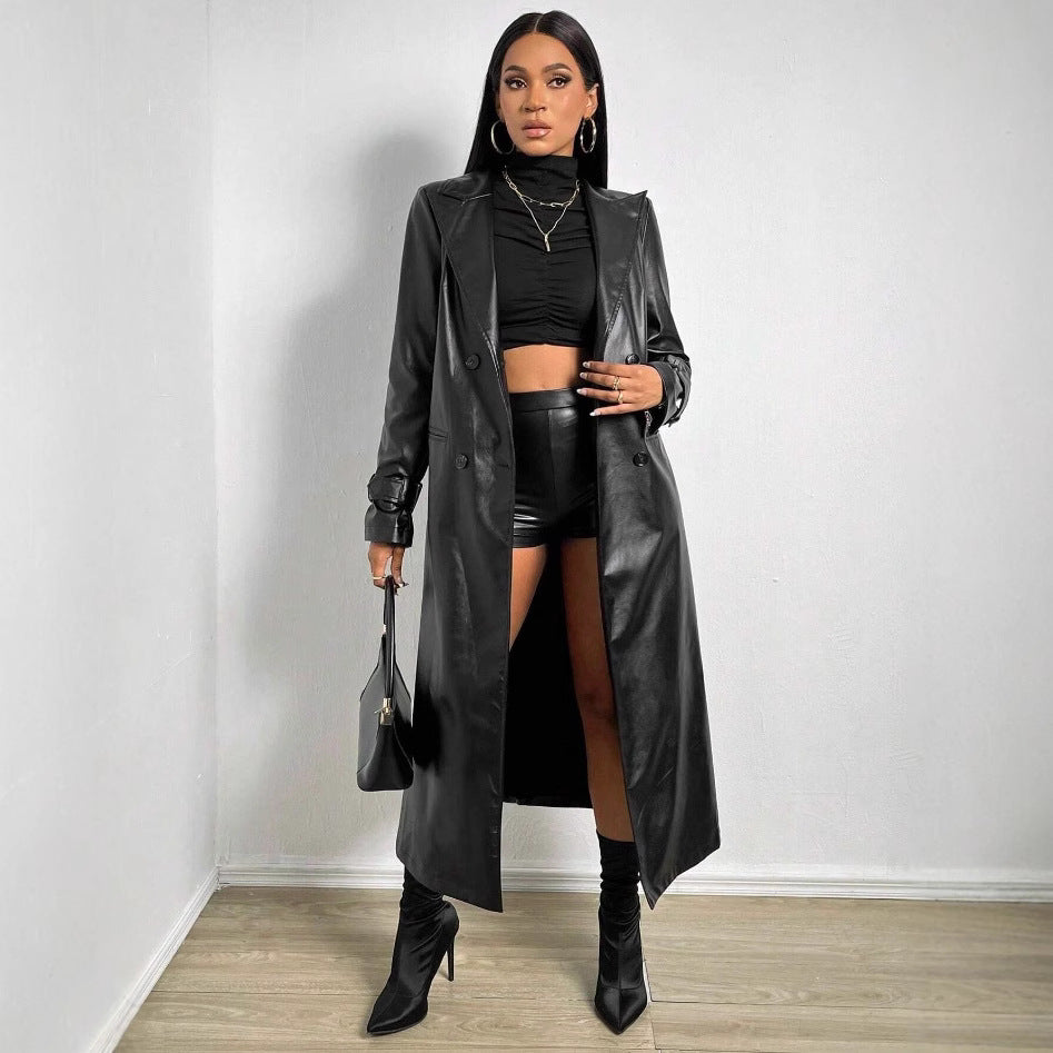 Damen Eleganter und modischer Trenchcoat aus Kunstleder Drune