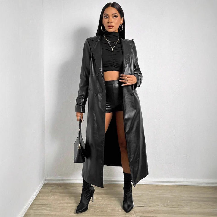 Damen Eleganter und modischer Trenchcoat aus Kunstleder Drune
