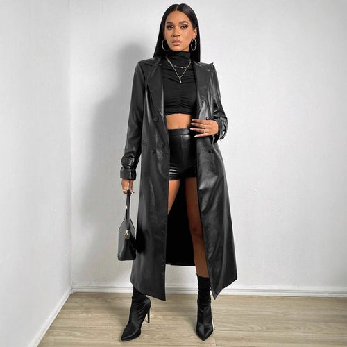 Damen Eleganter und modischer Trenchcoat aus Kunstleder Drune
