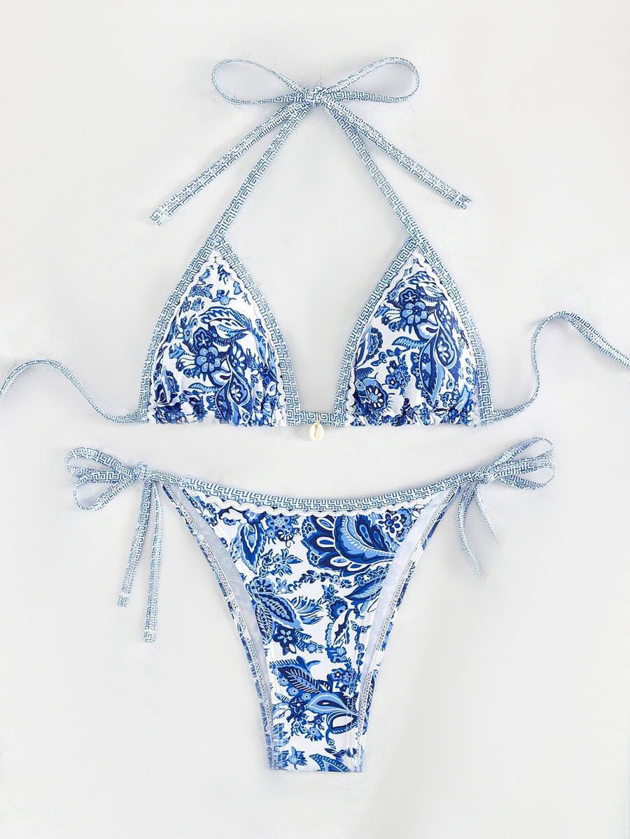 Damen Triangel-Bikini-Set mit verstellbaren Bindebändern und floralem Design Drune