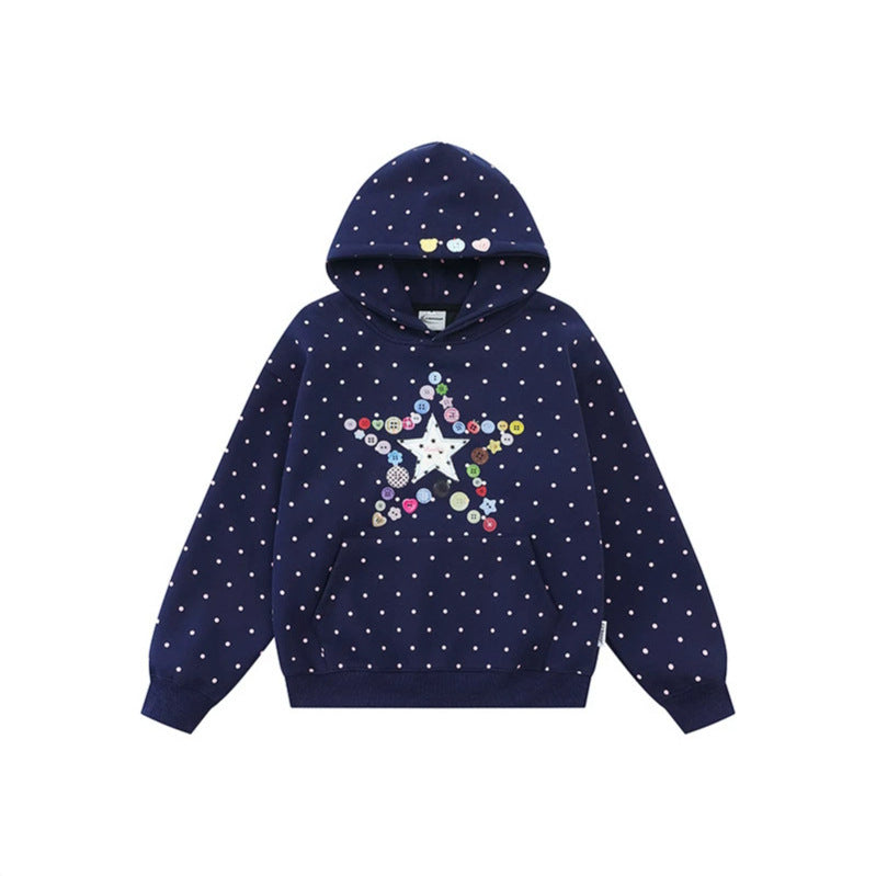 Damen Kapuzenpullover mit Knopf‑Sternapplikation, Polka‑Dot‑Allover und Kängurutasche Drune